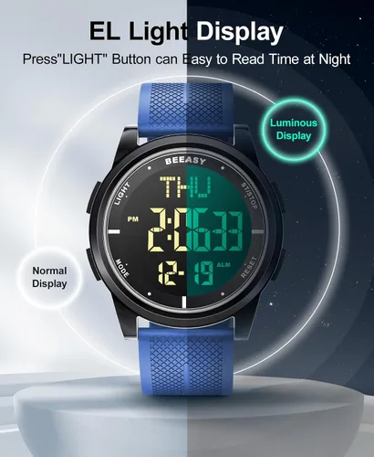 Vista 88 de Beeasy - Reloj digital de pulsera resistente al agua con cronómetro, alarma, cuenta regresiva, doble zona horaria, ultrafino, pantalla angular muy