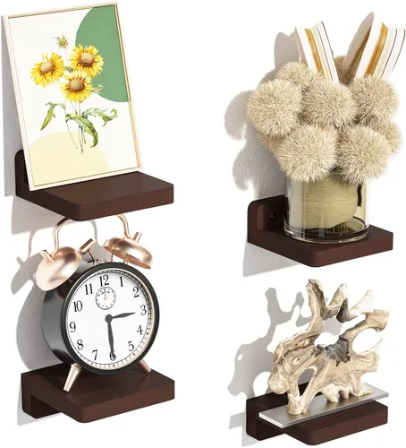 Vista 13 de SRIWATANA Pequeños estantes flotantes montados en la pared, estante de madera para decoración y almacenamiento, juego de 4, mini estante de Negro