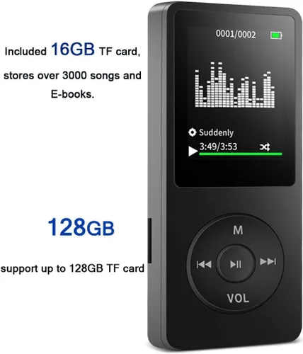 Vista 3 de Reproductor de MP3, reproductor de música con tarjeta micro SD de 16 GB, altavoz integrado/foto/reproducción de video/radio FM/grabadora