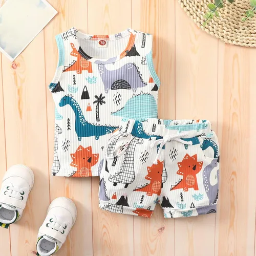 Vista 2 de Conjunto de ropa de 2 piezas de ropa de 2 piezas con estampado de dinosaurios de dibujos animados y pantalones cortos con cordón