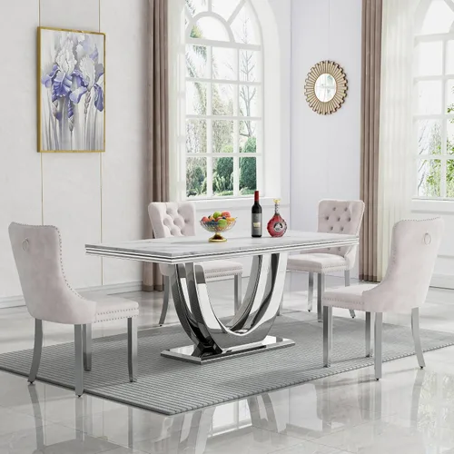 Vista 30 de Juego de mesa de comedor de mármol sintético, 7 piezas, juego de mesa de cocina y comedor para 6, mesa de comedor rectangular blanca de 70 pulgadas