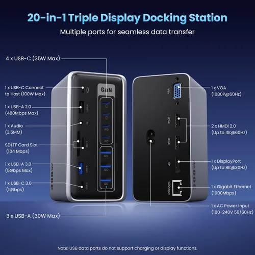 Vista 2 de Estación de acoplamiento USB 20-en-1, estación de carga de 300W, Hub USB-C de triple pantalla con 2x4K HDMI, DP, VGA, Ethernet, 7 puertos USB-A/C