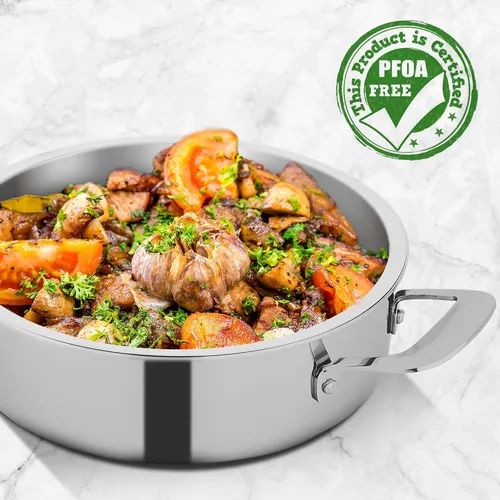 Vista 3 de NutriChef Sartén para saltear de 3.4 cuartos con tapa, sartén de acero inoxidable resistente a las manchas sin PFOA/PFOS con interior satinado