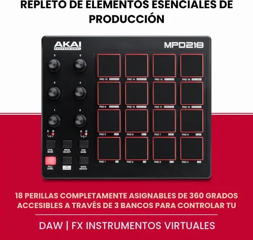 Vista 3 de AKAI Professional MPD218 - Controlador MIDI alimentado por USB con 16 almohadillas de tambor MPC, 6 perillas asignables, botones de repetición