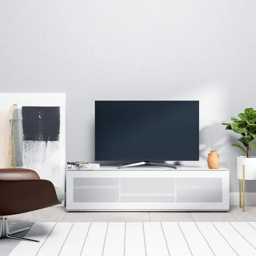 Vista 11 de SONOROUS ST-160 - Soporte de TV premium con cubierta de vidrio negro y madera blanca, centro de entretenimiento de lujo y consola multimedia
