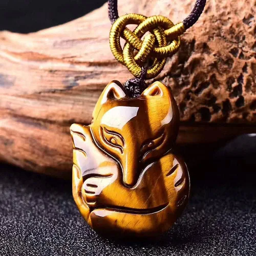 Vista 2 de Colgante de ojo de tigre tallado a mano collar de zorro con cadena amuleto de la suerte joyería fina para mujeres hombres regalos