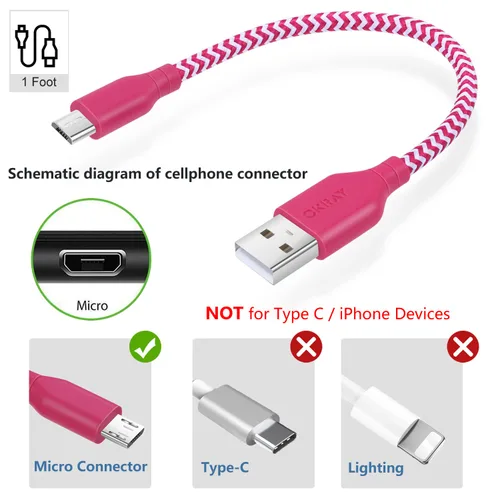 Vista 3 de OKRAY - Cable micro USB corto de 1 pie, paquete de 10 cables de carga rápida de nailon trenzado USB A a Micro 2.0, carga rápida y sincronización