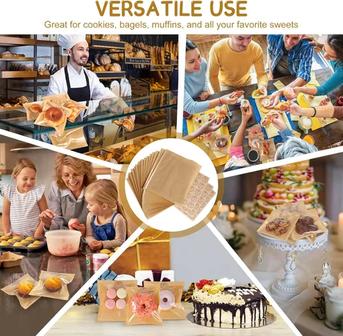Vista 7 de SUREHOME Bolsas de Galletas Pequeñas de Papel Marrón con Ventana 100 Piezas Adhesivos de Agradecimiento 5.7 x 6.5 Pulgadas Bolsas de Panadería