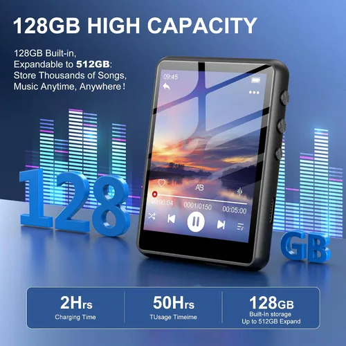 Vista 2 de Reproductor MP3 de 128 GB con Bluetooth Negro, reproductor de música SWOFY M4 con Bluetooth 5.4, reproductor MP3 portátil de alta fidelidad de 2.4