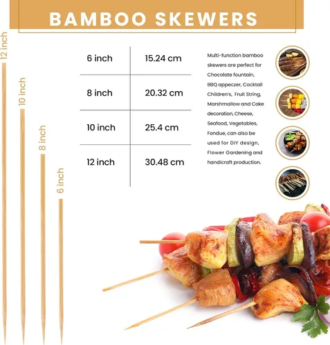 Vista 2 de DecorRack Pinchos de bambú natural de 6 pulgadas, 100 pinchos de madera para asar a la parrilla, barbacoa, aperitivos, frutas, smores, cóctel