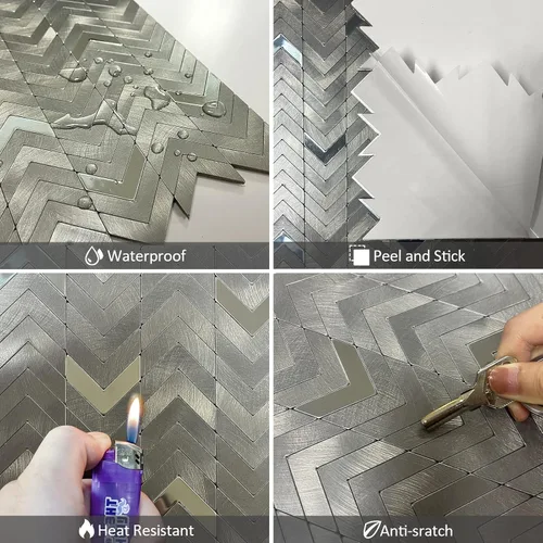Vista 5 de Azulejo de espiga gris para salpicaduras de pelar y pegar, superficie de metal cepillado de aluminio autoadhesivo para azulejos de pared