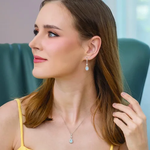 Vista 3 de B. BRILLIANT Juego de collar y aretes colgantes ovalados de plata esterlina con piedras preciosas genuinas o sintéticas para mujeres y niñas con caja