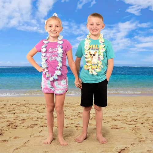 Vista 5 de JOYIN Juguete de 12 unidades de leis hawaianos a granel, flor tropical Lei hawaiana Lei playa Hawaii Luau recuerdos de fiesta decoración suministros