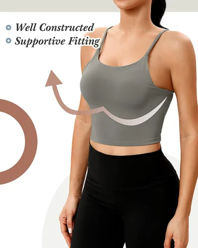 Vista 4 de 3 piezas de brasier deportivo de línea larga para mujer, con tirantes delgados, parte superior acolchada para yoga, entrenamiento, fitness, brasier