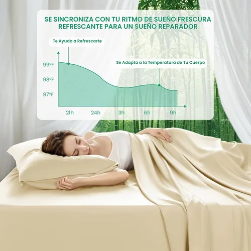 Vista 4 de SONORO KATE Sábanas 100% viscosa derivada de bambú tamaño matrimonial, sábanas ultra transpirables y refrescantes para personas que duermen con Beige