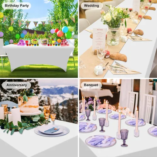Vista 6 de PLULON Mantel rectangular de elastano elástico ajustable de 6 pies, color blanco, lavable, protector de mesa para graduación, patio, picnic, boda