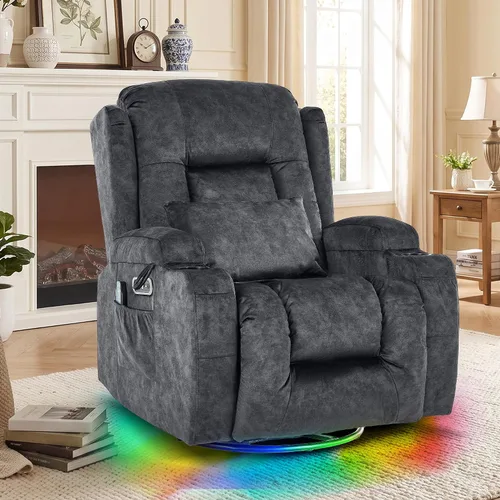 Vista 3 de URRED Silla reclinable giratoria eléctrica con vibración y calor Diseño de motor dual, posiciones infinitas, carga USB, luces LED, portavasos Gris