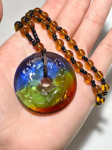 Vista 5 de Collar de cristal arcoíris para hombre y mujer, con diseño de buda sonriente, cristal verde, koi, peces curativos, jade estabilizado, turquesa