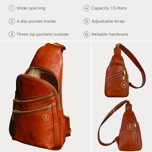 Vista 6 de Time Resistance Bolso bandolera de cuero - Bolso bandolera marrón - Bolso bandolera para hombre y mujer - Mochila de hombro hecha a mano