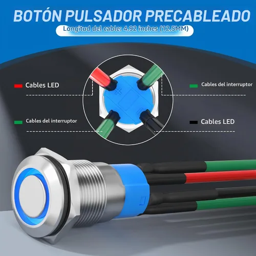 Vista 4 de Interruptor de botón de enganche DaierTek de 12 mm, interruptor de botón de 12 V, carcasa plateada, luz LED azul iluminada, interruptor impermeable