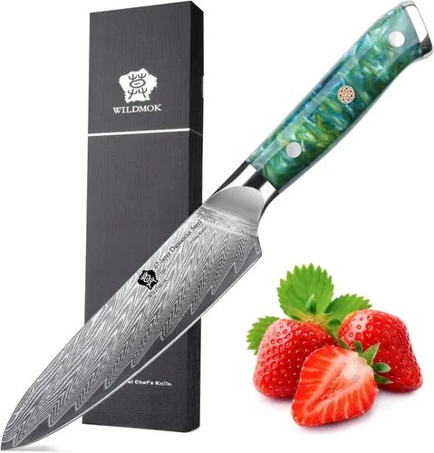 Vista 11 de WILDMOK Cuchillo de cocina de 5 pulgadas, Damasco Japón VG-10, cuchillo de cocina de acero afilado, mango ergonómico de resina de color, caja