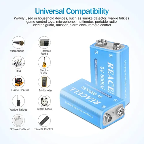 Vista 3 de Paquete de 2 baterías de litio recargables de 9 V, baterías de 9 voltios para detector de humo, carga USB de 800 mAh 9 V para micrófonos