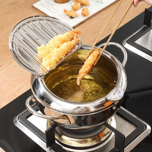 Vista 8 de Olla para freír con cesta de bandeja de gota de aceite y termómetro de aceite Tempura de estilo japonés, mini freidoras pequeñas, para el hogar.