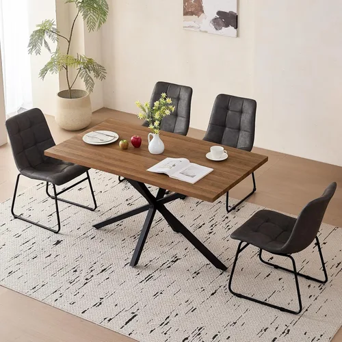 Vista 9 de Dining Table Set for 4, Modern 55" Brown Wood Grain Kitchen Table with 4 Stackable Dining Chairs, Faux Leather, for Dining Living Room Apartment