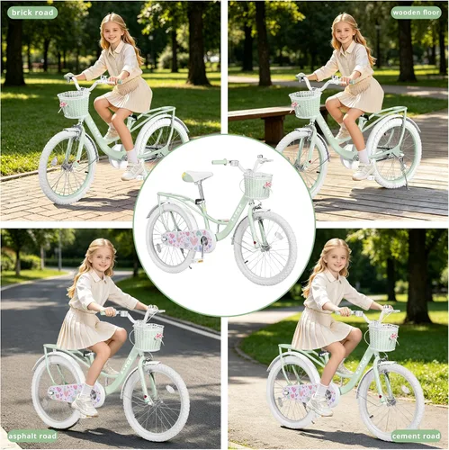 Vista 7 de Bicicleta de 20 pulgadas para niñas con canasta, bicicleta para niños de 7 a 12 años, bicicleta de crucero de playa verde y rosa para niñas, frenos