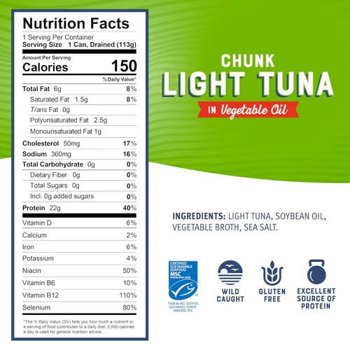 Vista 2 de Bumble Bee Atún Claro en Trozos en Aceite, Lata de 5 Onzas - Atún Listado Capturado Salvaje - 22g de Proteína por Porción - Mariscos Sostenibles