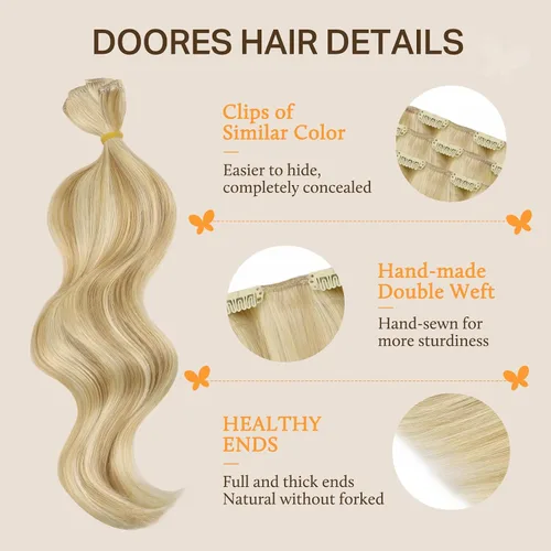 Vista 4 de DOORES - Extensiones de cabello humano real, rubio oscuro con reflejos rubio dorado, 24 pulgadas, 120 g, 7 unidades, extensiones Remy con clip