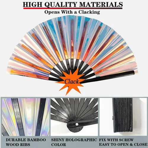 Vista 2 de Ventilador de mano plegable grande para hombres y mujeres, ventilador holográfico para mujeres, fiesta de baile, festivales, Halloween, EDM