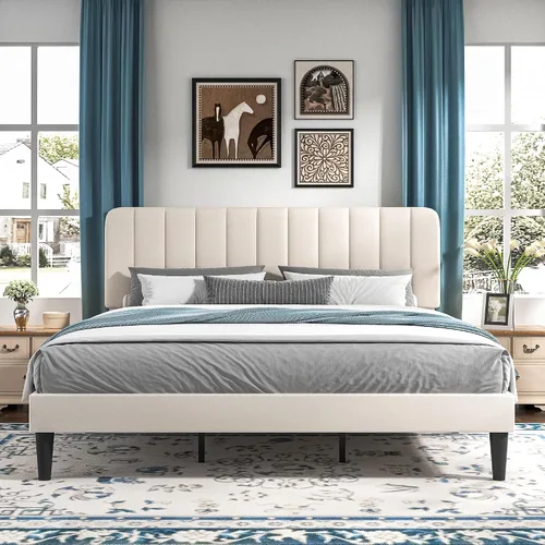 Vista 27 de VECELO Base de cama tapizada de tamaño matrimonial con 4 cajones y cabecero, plataforma de terciopelo, soporte de listones de madera, no necesita