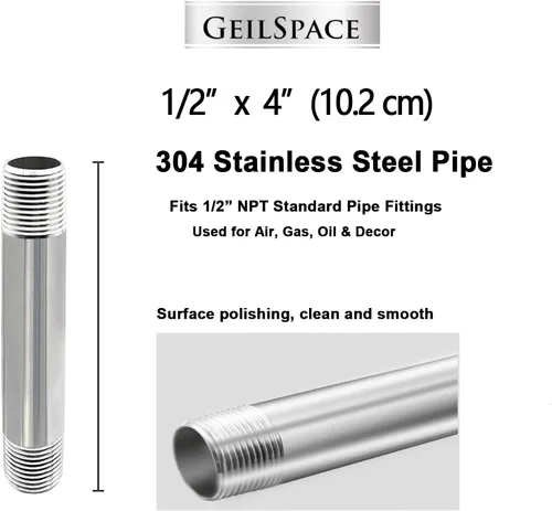 Vista 3 de GeilSpace Tubo de acero inoxidable de 1/2 x 4 pulgadas, boquilla de tubo 304 para tuberías y accesorios roscados estándar de 1/2 pulgada, tubo
