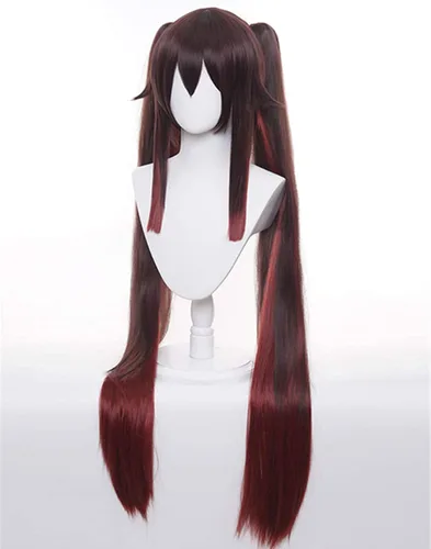 Vista 4 de Pelucas largas de cabello sintético con coletas marrones para Halloween con gorra de peluca gratis para fiesta (Hu Tao)