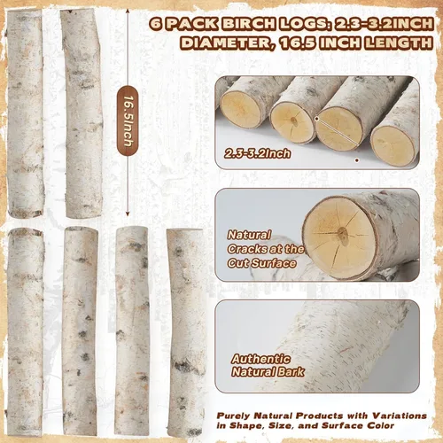 Vista 2 de Paquete de 6 troncos de madera de abedul decorativos para chimenea de gas para chimeneas, decoración de postes de abedul, ramas para manualidades