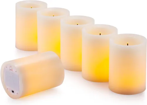 Vista 5 de Velas LED sin llama parpadeo 3 in x 4 in con 10 teclas control remoto, temporizador clásico pilar fibra óptica mecha velas de cera real, funciona