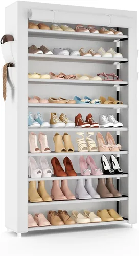 Vista 9 de Zapatero con cubierta, organizador de zapatos estrecho con 4 bolsillos laterales, estante alto de 10 niveles, almacenamiento para 18-22 pares