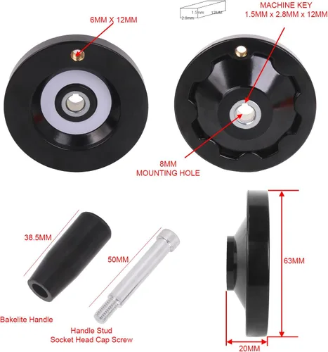 Vista 5 de Hand Wheel 63MM OD 8MM Mounting Hole Machine Key Fixing Bakelite Revolving Handle for Industrial Machinery