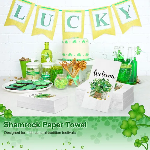 Vista 4 de Outus 100 servilletas del día de San Patricio, tréboles de bienvenida, toallas de papel para invitados, toallas de mano verdes, tréboles