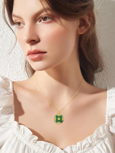 Vista 2 de HPQQ Jade Lotus Necklace for Women 14k Gold Plated Sterling Silver LotusSunflowerRoseMushroom Round Jade Jewelry Anniversary Birthday Gifts for