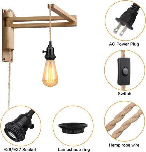 Vista 4 de Kit de luces colgantes de 16.5 pies, luces colgantes con cable de enchufe e interruptor, lámpara colgante de cuerda de cáñamo E26, cable de linterna