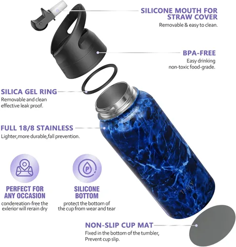 Vista 4 de THILY - Botella de agua deportiva aislada al vacío – Botella de agua de acero inoxidable de 32 onzas a prueba de fugas de boca ancha con tapa Mar