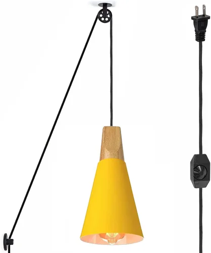 Vista 11 de Kiven Lámpara colgante de polea enchufable, luz colgante ajustable con cable de interruptor de atenuación de 15 pies, pantalla de aluminio macarón