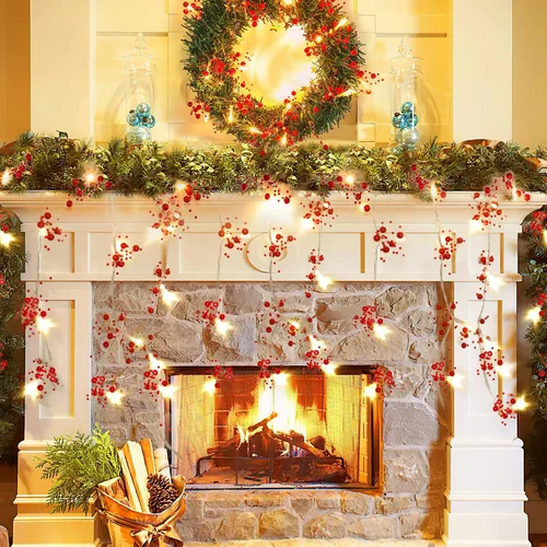 Vista 8 de Mosoan Guirnalda de 30 luces LED de Navidad de 10 pies, funciona con pilas, 2 modos de luz, guirnalda de bayas rojas iluminadas para árbol