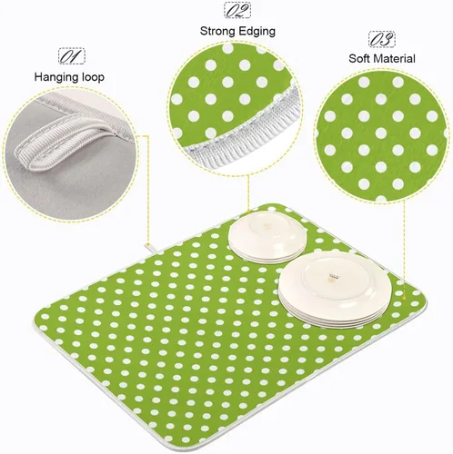 Vista 4 de Tapete de secado de platos verde para cocina, tapete de secado de microfibra verde menta con lunares blancos, tapete de secado de microfibra