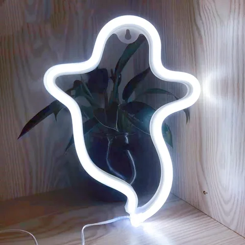 Vista 3 de Letreros LED de neón de fantasma, lámpara de noche decorativa de terror, funciona con pilas, luces góticas inalámbricas, decoraciones de Halloween