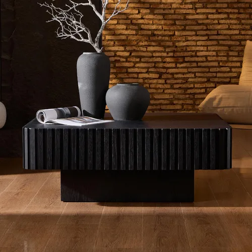 Vista 7 de WILLIAMSPACE Mesa de café cuadrada de 35.43" con base resistente, mesa de centro de tambor de madera moderna y lujosa, mesa auxiliar de acento