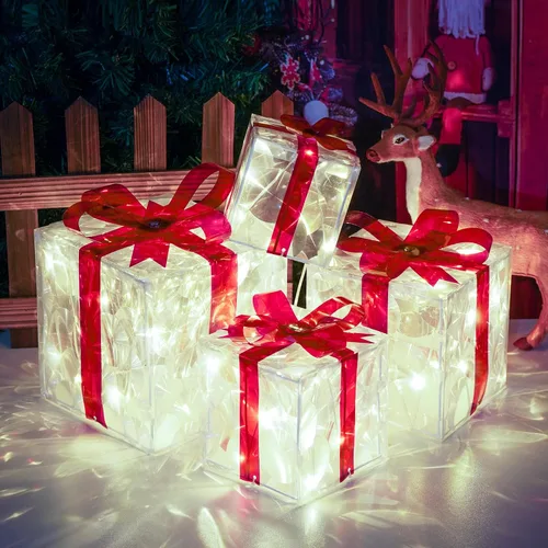 Vista 9 de COVFEVER Cajas de Regalo Iluminadas de Navidad, Juego de 4 Cajas de Regalo con Luces Preinstaladas, Juego de Cajas de Regalo Iluminadas que