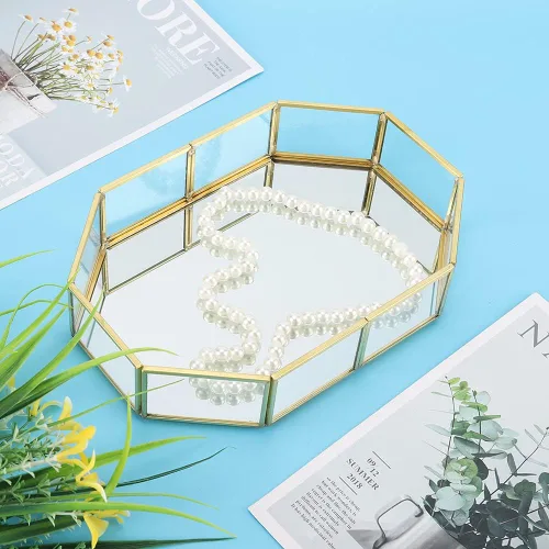 Vista 4 de Makeup Jewelry Organizer Mirrored Glass Tray, Small Size 8.1x5.6x1.7 Inch, Golden Brass Edging - Durable Material, Stylish Storage, Perfect for
